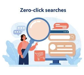 Illustration of zero-click searches, with a person using a magnifying glass to find information directly on the search engine results page (SERP).