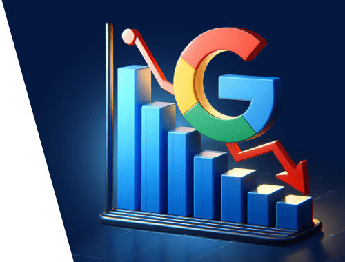 Google logo on a declining graph, symbolizing a decrease in search engine rankings due to mistakes in On-Page SEO