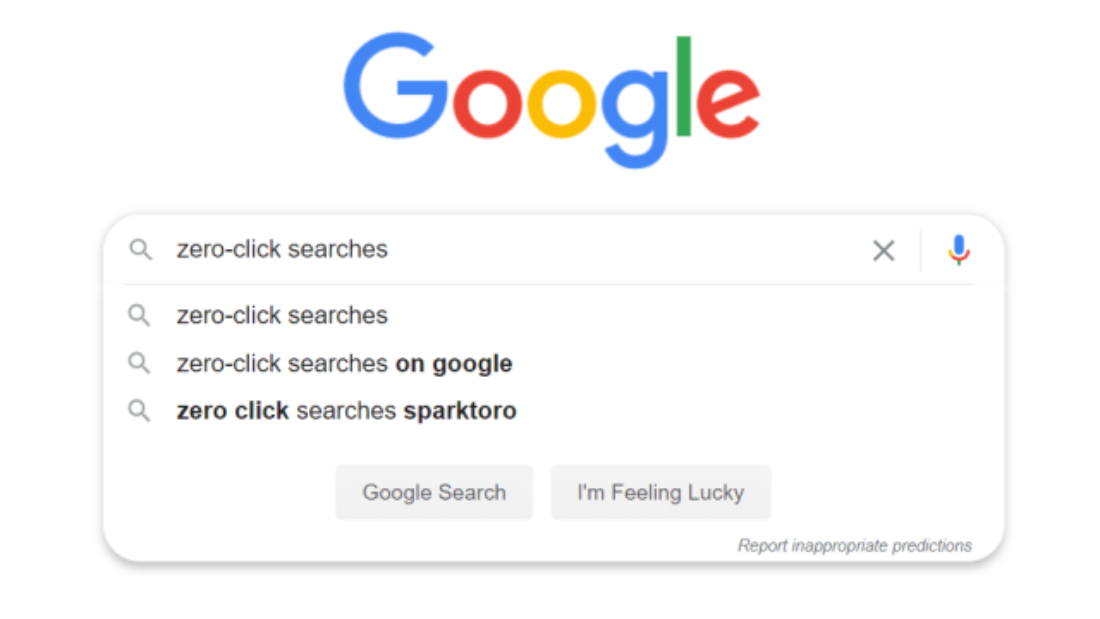 Google search bar displaying popular zero-click search queries related to the term zero-click searches.