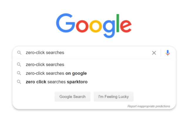 Google search bar displaying popular zero-click search queries related to the term zero-click searches.