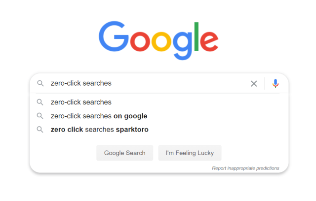 Google search bar displaying popular zero-click search queries related to the term zero-click searches.