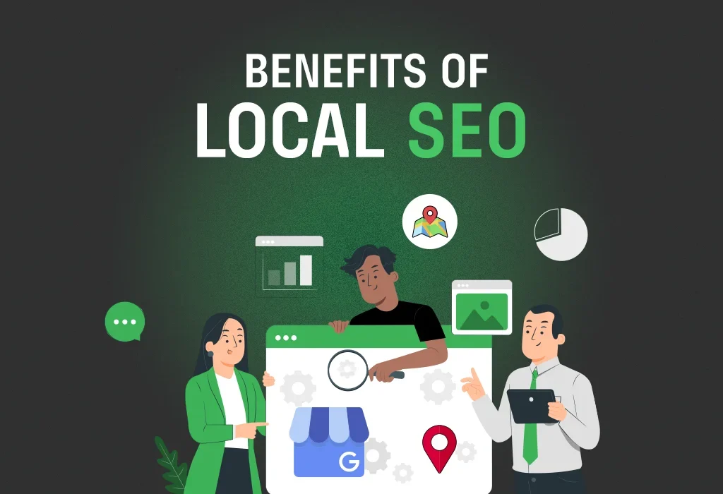 Illustration of the benefits of local SEO, showing people optimizing a website for local search.