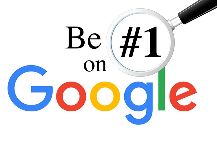 Google logo with a magnifying glass highlighting the number one, symbolizing the goal of achieving top search engine ranking.