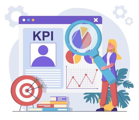 Person using a magnifying glass to analyze website KPIs that help in Technical SEO, including a pie chart, line graph, and target.