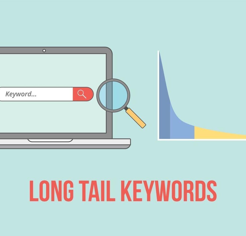 Laptop with a search bar and a long-tail keyword graph, illustrating the concept of long-tail keywords for targeted search traffic.