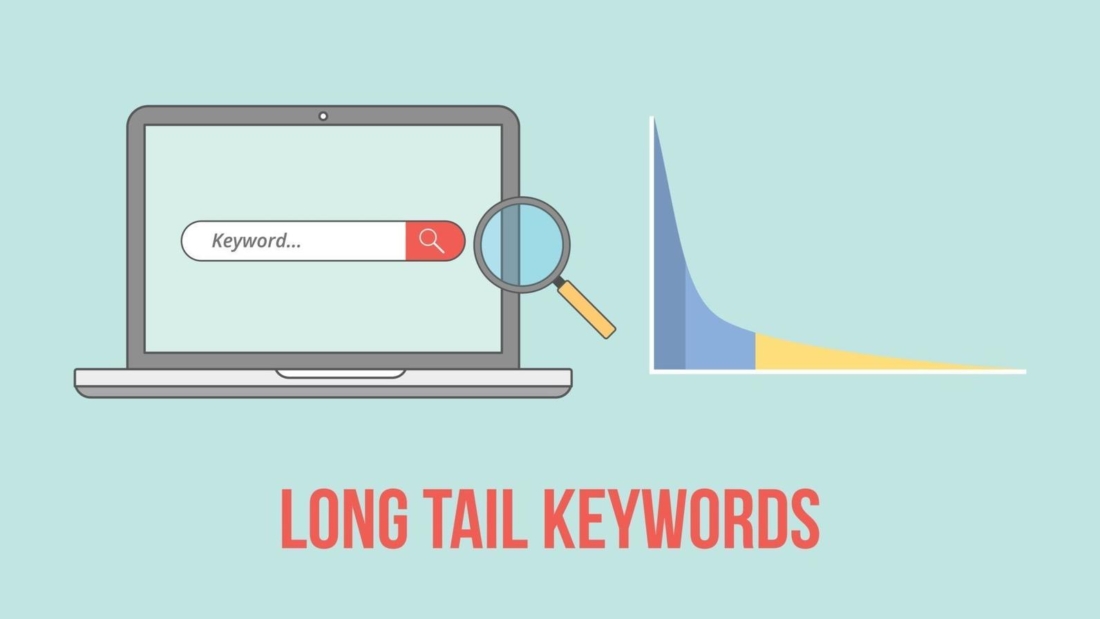 Laptop with a search bar and a long-tail keyword graph, illustrating the concept of long-tail keywords for targeted search traffic.