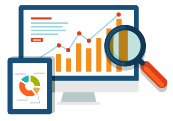 Computer screen showing a rising graph, a magnifying glass, and a tablet displaying a pie chart, symbolizing website analytics and On-Page SEO.