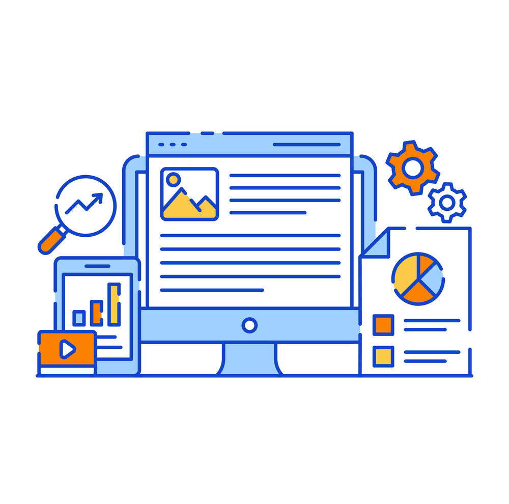 Desktop computer, tablet, magnifying glass, gears, and documents with charts symbolizing Technical SEO